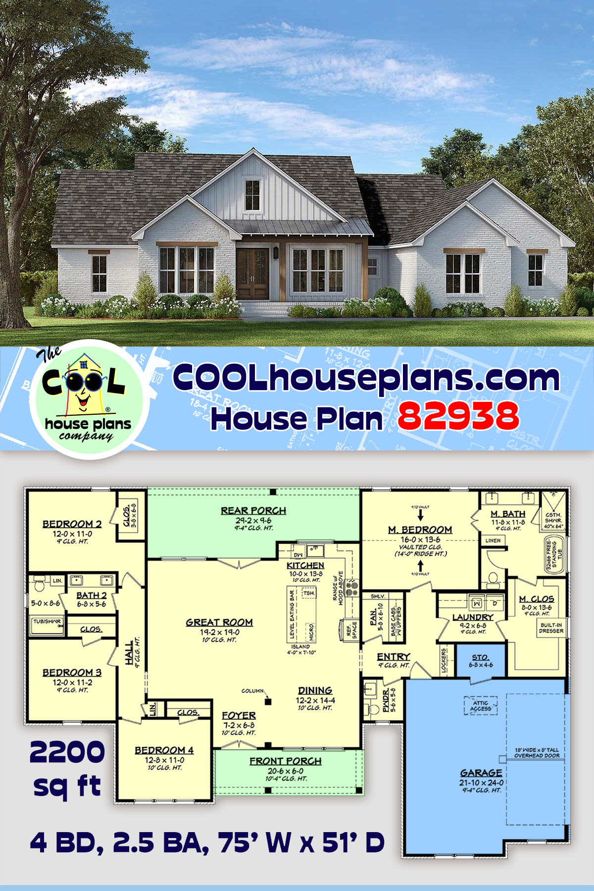 Country, Farmhouse, Southern House Plan 82938 with 4 Beds, 3 Baths, 2 Car Garage