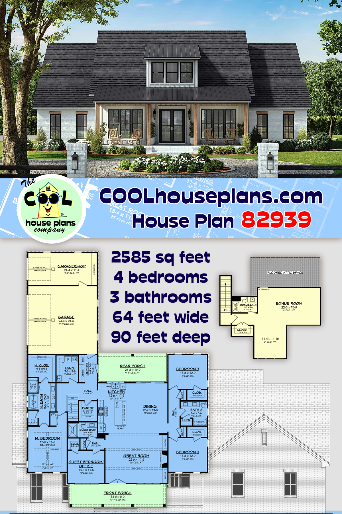Country, Farmhouse House Plan 82939 with 4 Beds, 3 Baths, 3 Car Garage