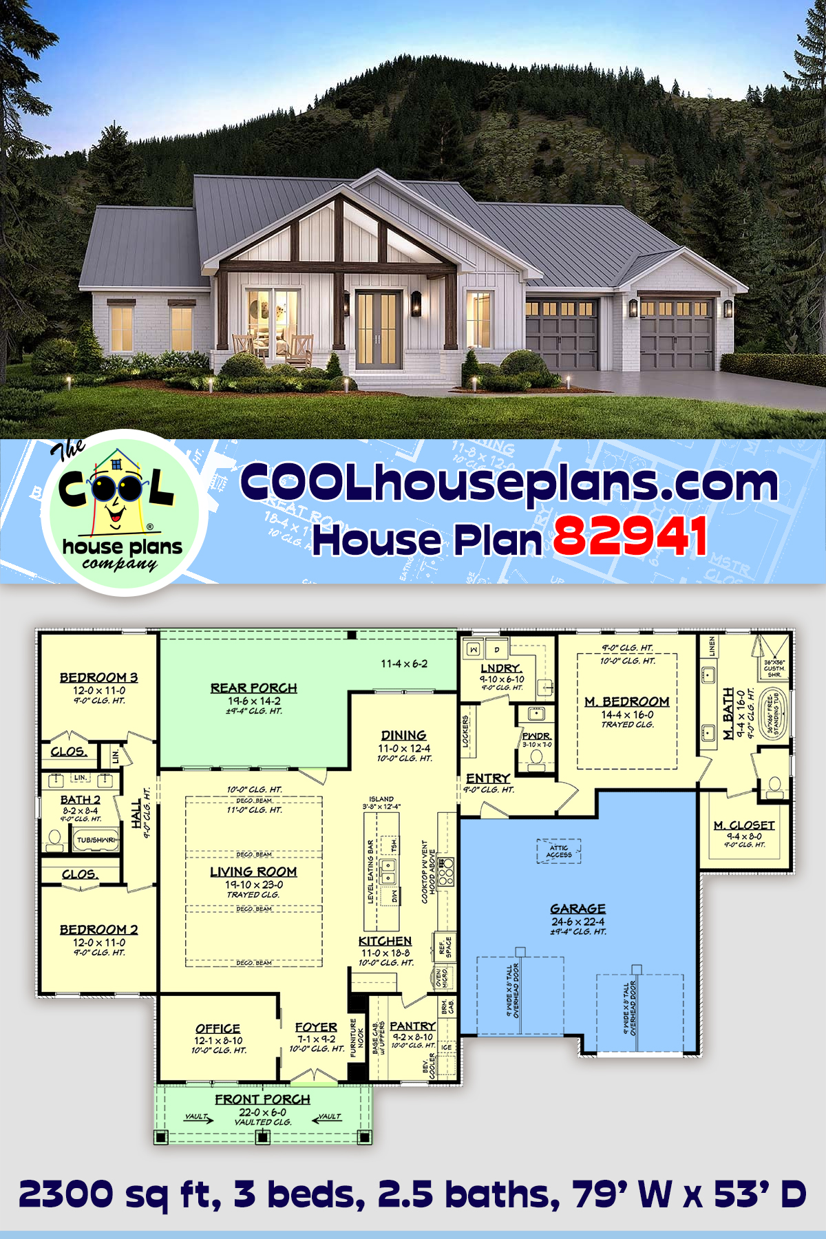 Country, Farmhouse, Southern House Plan 82941 with 3 Beds, 3 Baths, 2 Car Garage