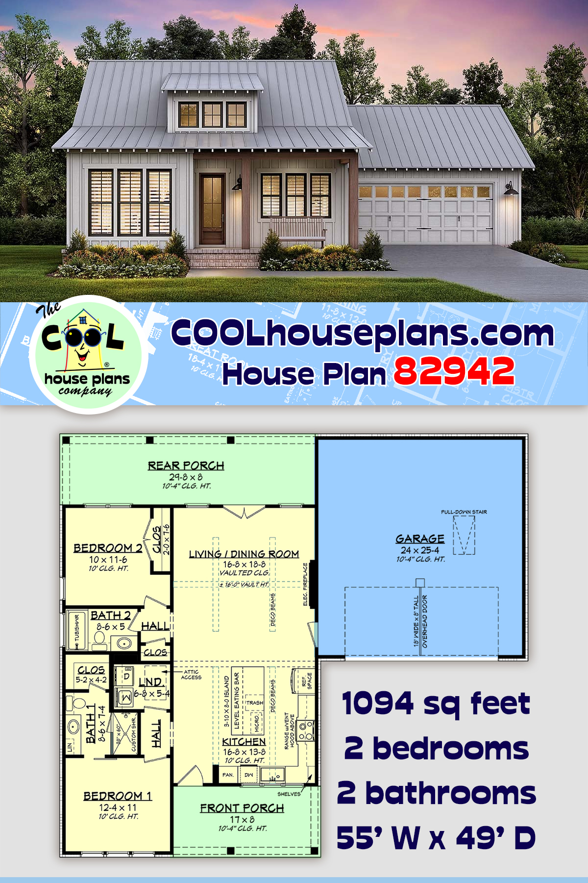 Cottage, Country, Farmhouse, Traditional House Plan 82942 with 2 Beds, 2 Baths, 2 Car Garage