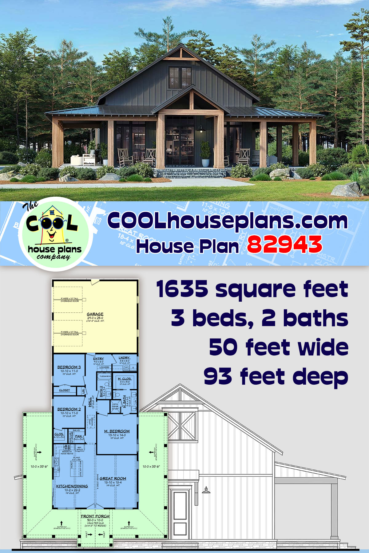 Barndominium, Country, Farmhouse House Plan 82943 with 3 Beds, 2 Baths, 2 Car Garage