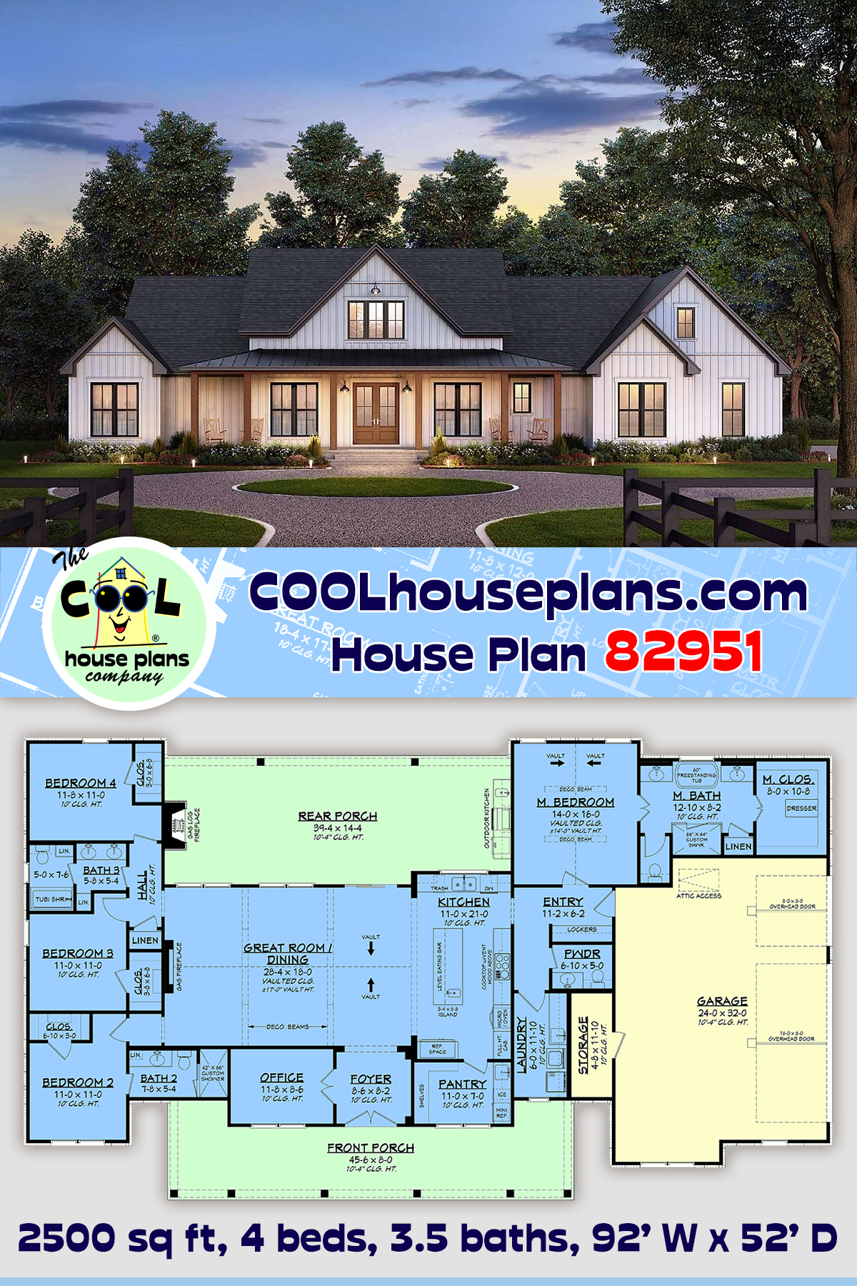 Country, Farmhouse, Traditional House Plan 82951 with 4 Beds, 4 Baths, 3 Car Garage