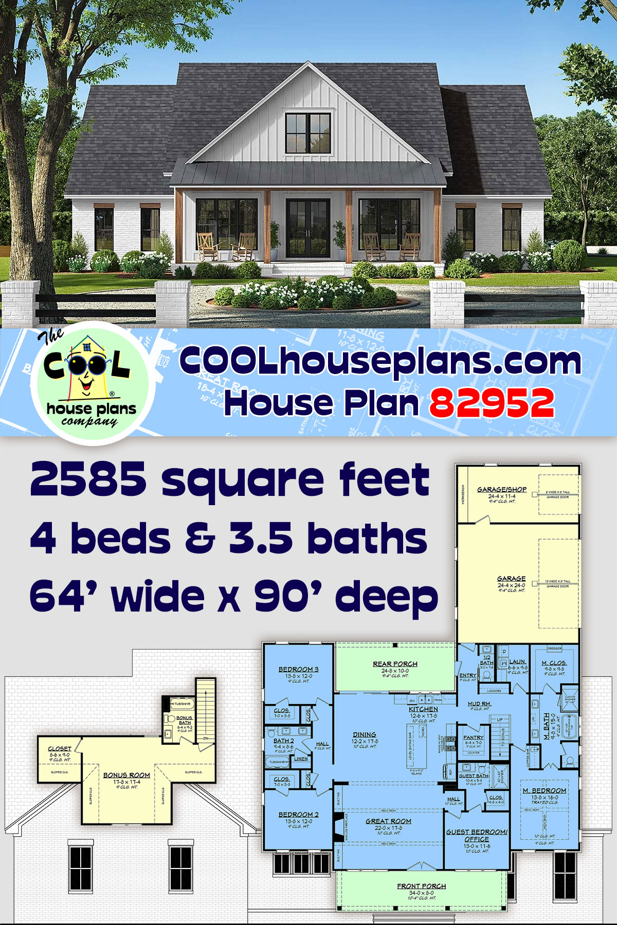 Country, Farmhouse, New American House Plan 82952 with 4 Beds, 4 Baths, 3 Car Garage