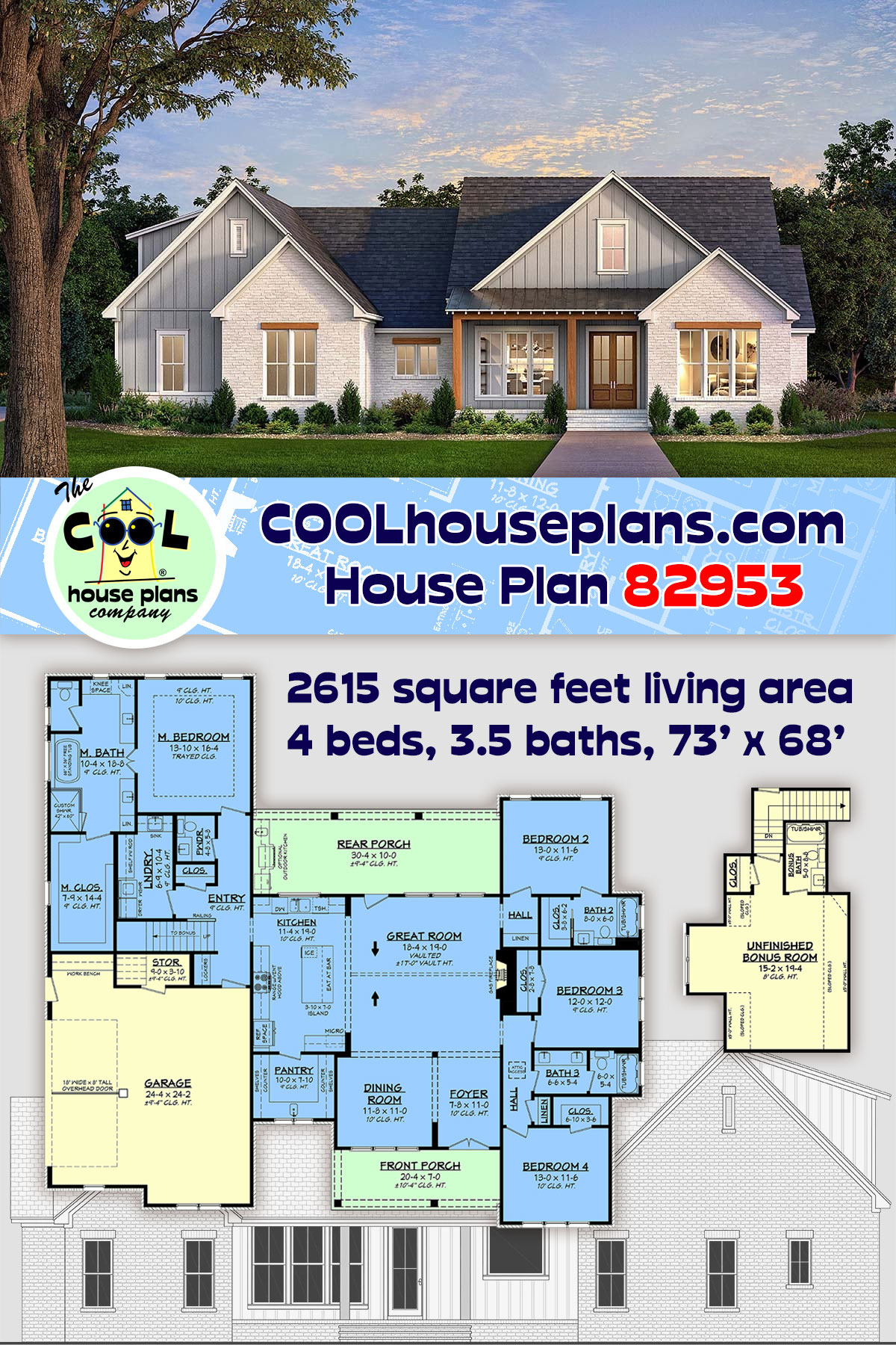 Country, Farmhouse, Southern House Plan 82953 with 4 Beds, 4 Baths, 2 Car Garage