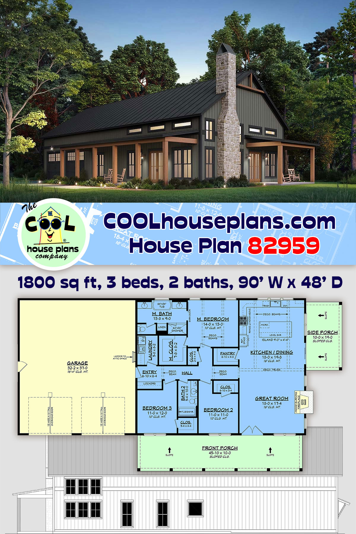 Barndominium, Country, Farmhouse, Traditional House Plan 82959 with 3 Beds, 2 Baths, 2 Car Garage