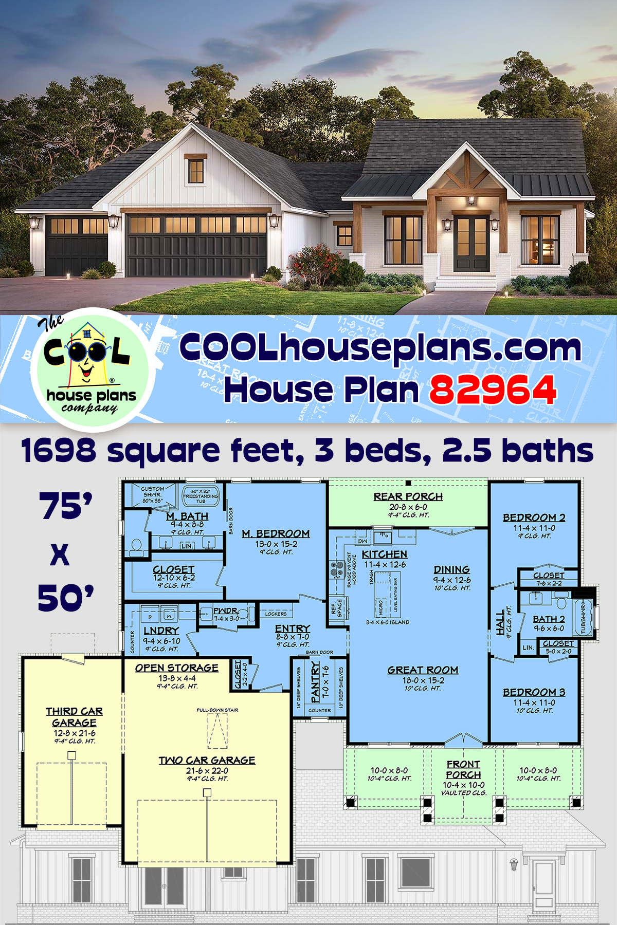 Country, Farmhouse, Traditional House Plan 82964 with 3 Beds, 3 Baths, 3 Car Garage