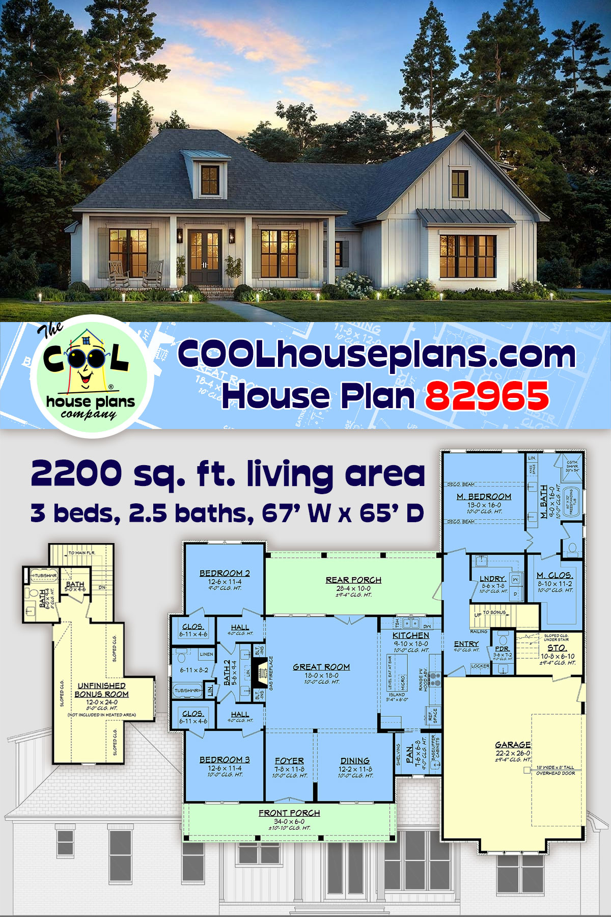 Acadian, French Country, Southern House Plan 82965 with 3 Beds, 3 Baths, 2 Car Garage