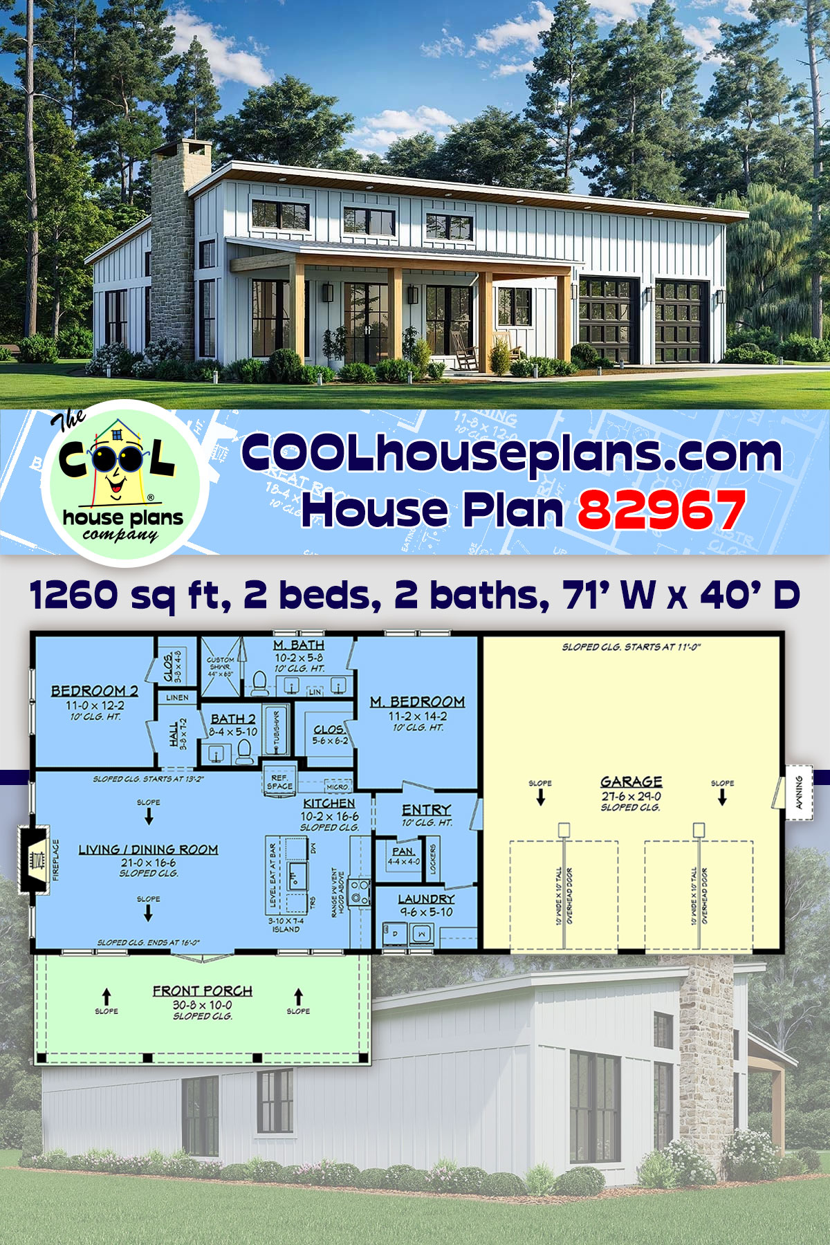 Contemporary, Farmhouse, Modern House Plan 82967 with 2 Beds, 2 Baths, 2 Car Garage