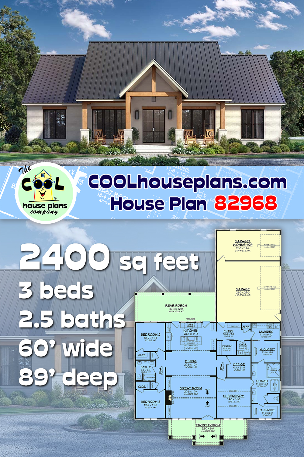 Country, Farmhouse House Plan 82968 with 3 Beds, 3 Baths, 3 Car Garage
