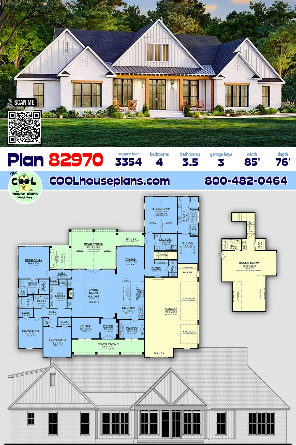 Country, Farmhouse, Southern House Plan 82970 with 4 Beds, 4 Baths, 3 Car Garage