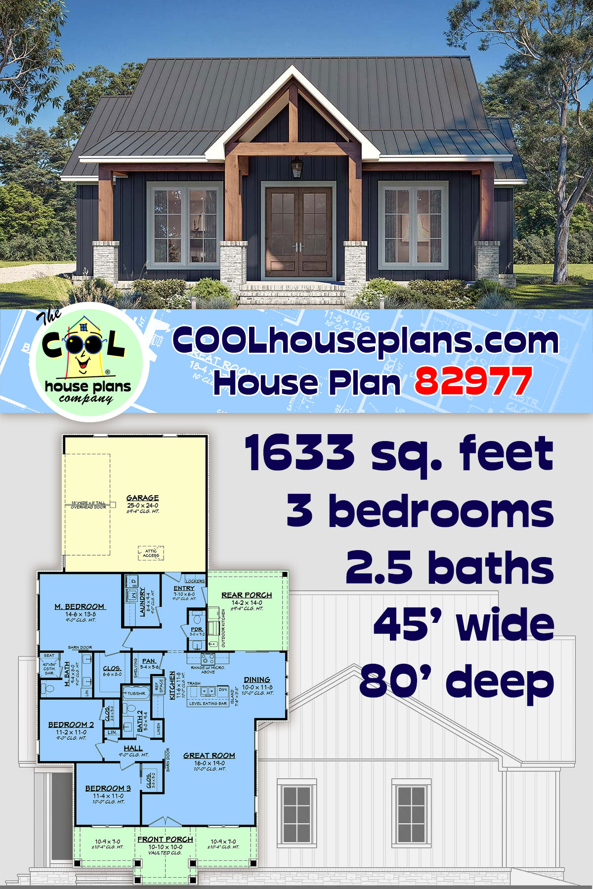 Contemporary, Cottage, Country, Farmhouse, Southern House Plan 82977 with 3 Beds, 3 Baths, 2 Car Garage