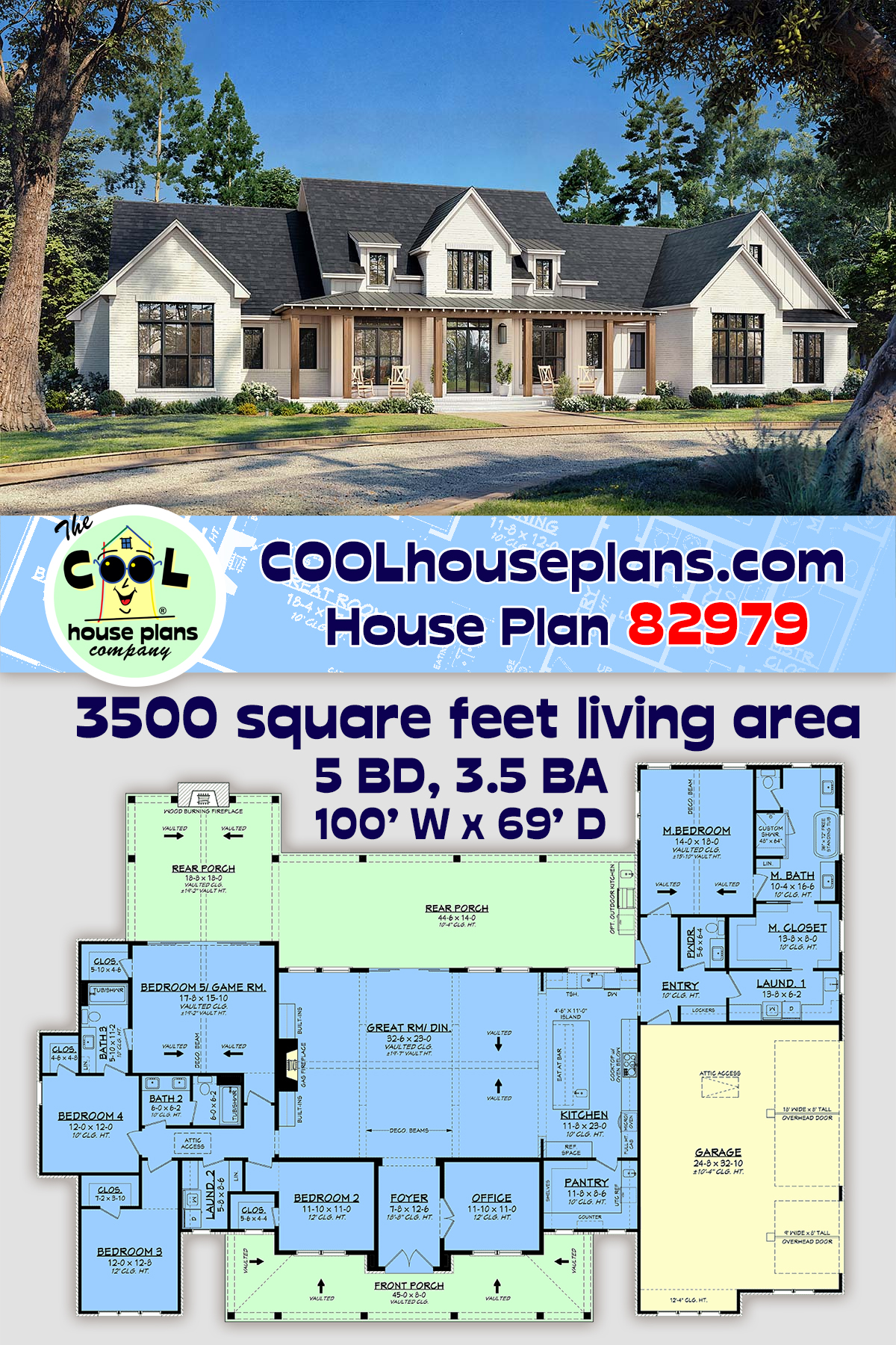 Contemporary, Farmhouse, Traditional House Plan 82979 with 5 Beds, 4 Baths, 3 Car Garage