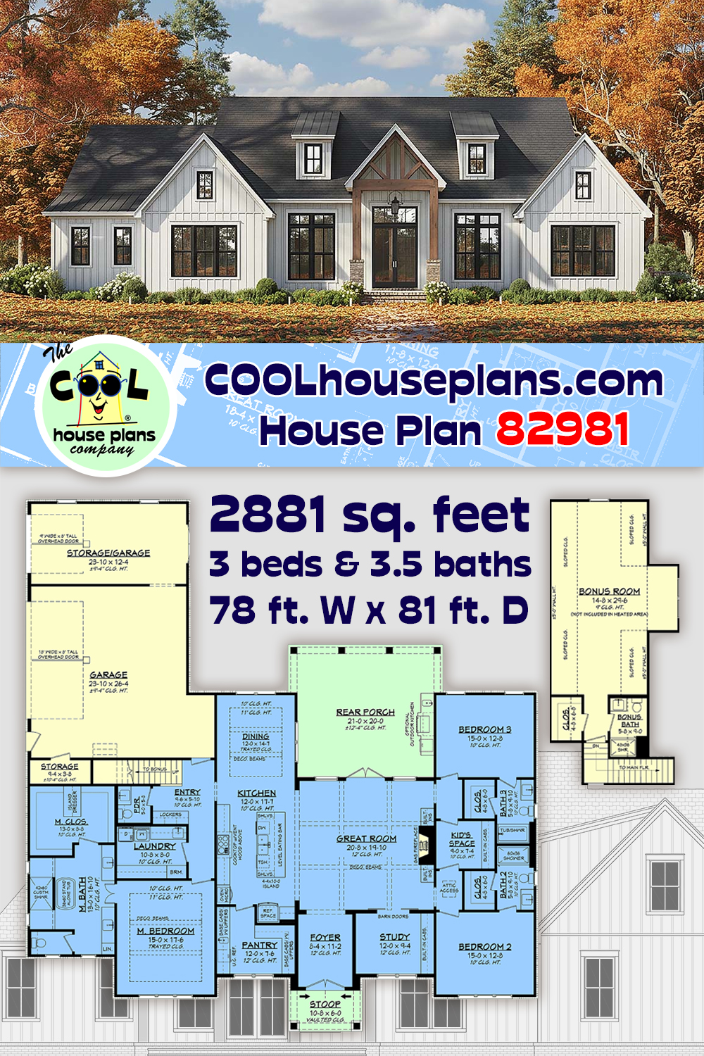 Country, Craftsman, Farmhouse, Southern House Plan 82981 with 3 Beds, 4 Baths, 3 Car Garage