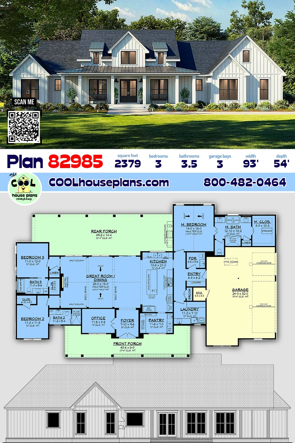 Contemporary, Country, Farmhouse, Southern House Plan 82985 with 3 Beds, 4 Baths, 3 Car Garage
