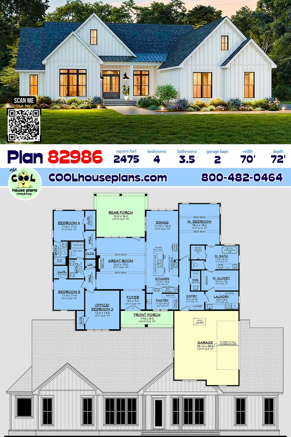 Contemporary, Country, Farmhouse, Southern House Plan 82986 with 4 Beds, 4 Baths, 2 Car Garage