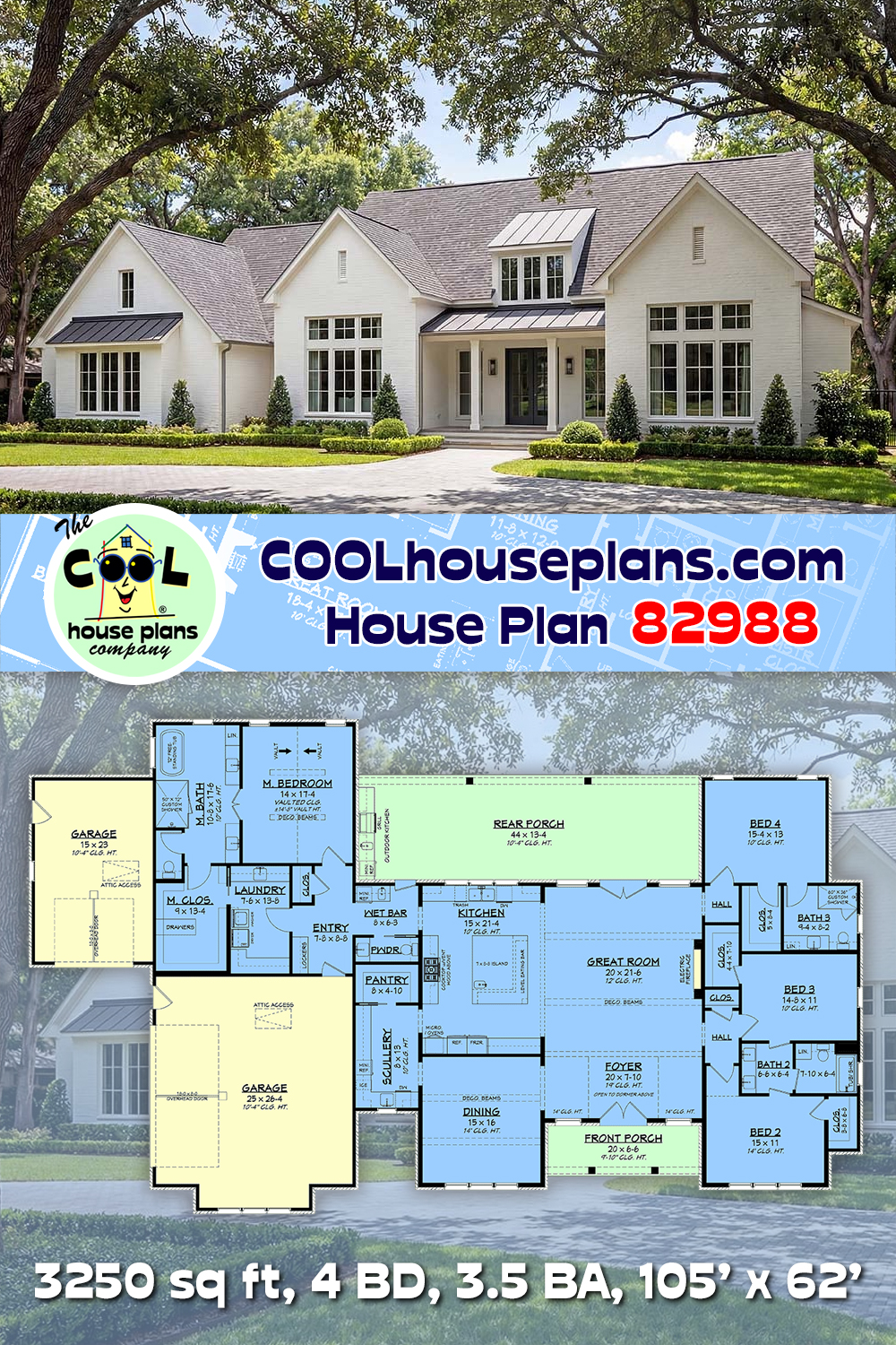 Contemporary, Farmhouse, Traditional House Plan 82988 with 4 Beds, 4 Baths, 3 Car Garage