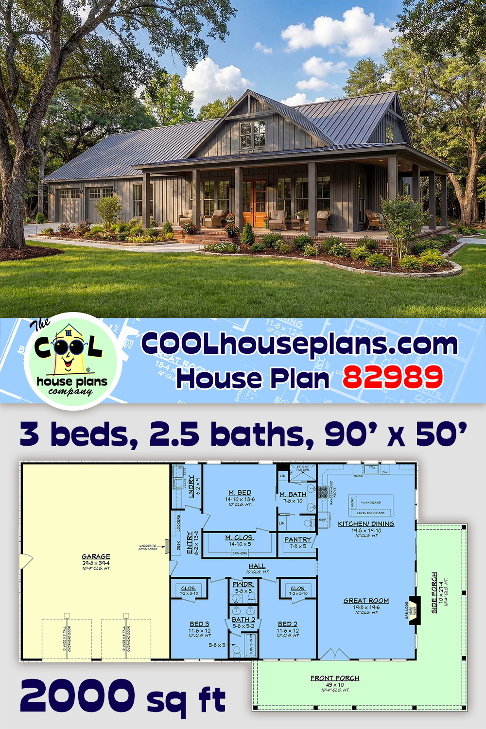 Barndominium, Contemporary, Country, Farmhouse, Traditional House Plan 82989 with 3 Beds, 3 Baths, 2 Car Garage