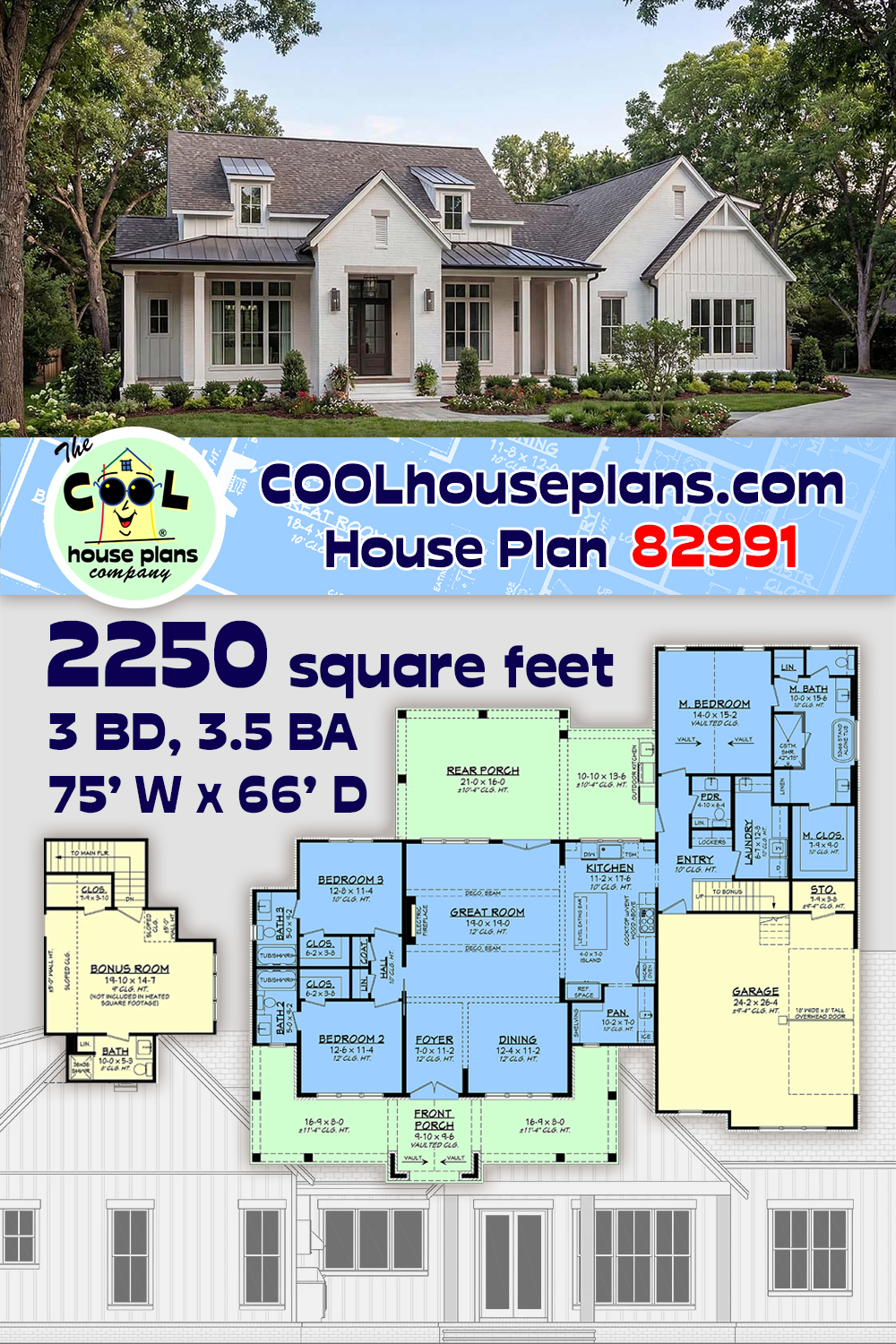 Farmhouse, Southern House Plan 82991 with 3 Beds, 4 Baths, 2 Car Garage