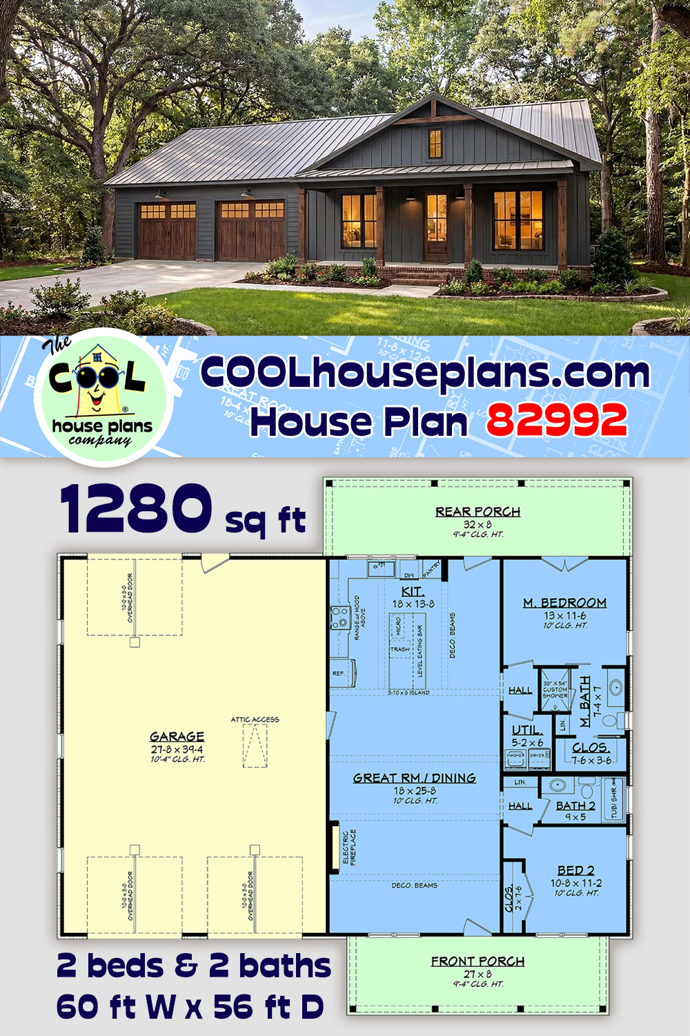 Barndominium, Contemporary, Country, Farmhouse, Traditional House Plan 82992 with 2 Beds, 2 Baths, 3 Car Garage