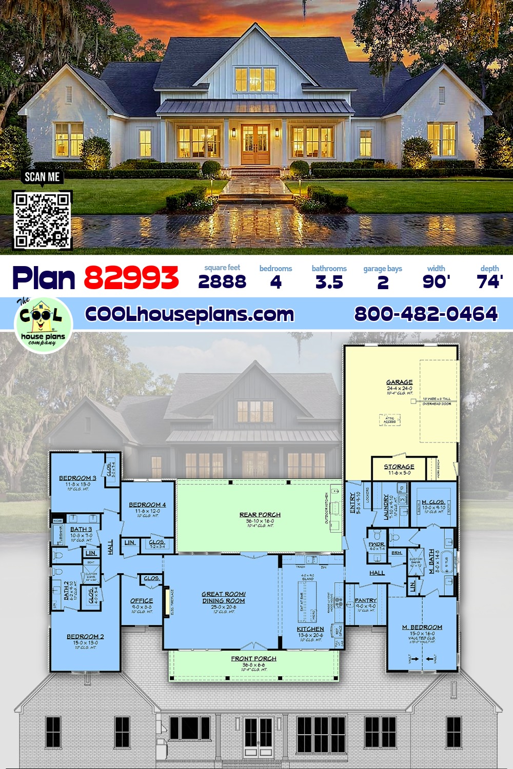 Country, Farmhouse House Plan 82993 with 4 Beds, 4 Baths, 2 Car Garage