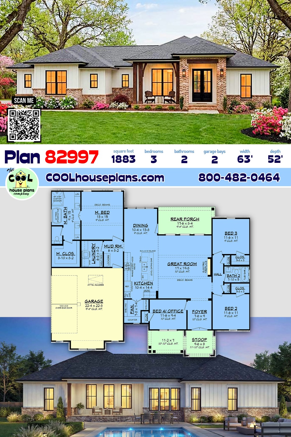 Country, Farmhouse, Ranch, Southern House Plan 82997 with 3 Beds, 2 Baths, 2 Car Garage