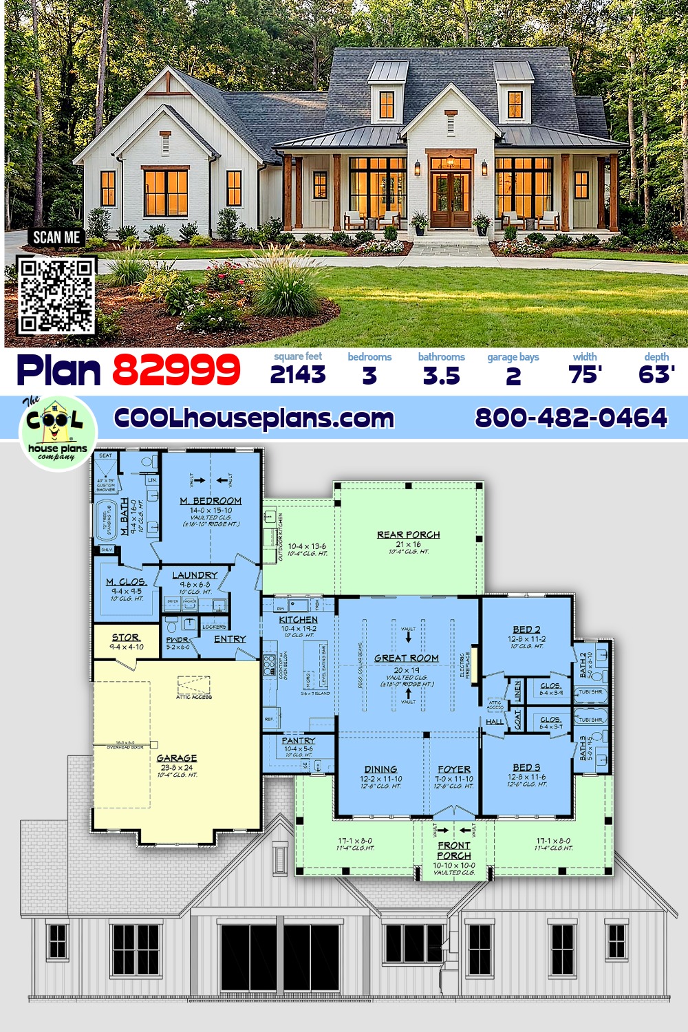 Contemporary, Craftsman, Farmhouse, Southern House Plan 82999 with 3 Beds, 4 Baths, 2 Car Garage