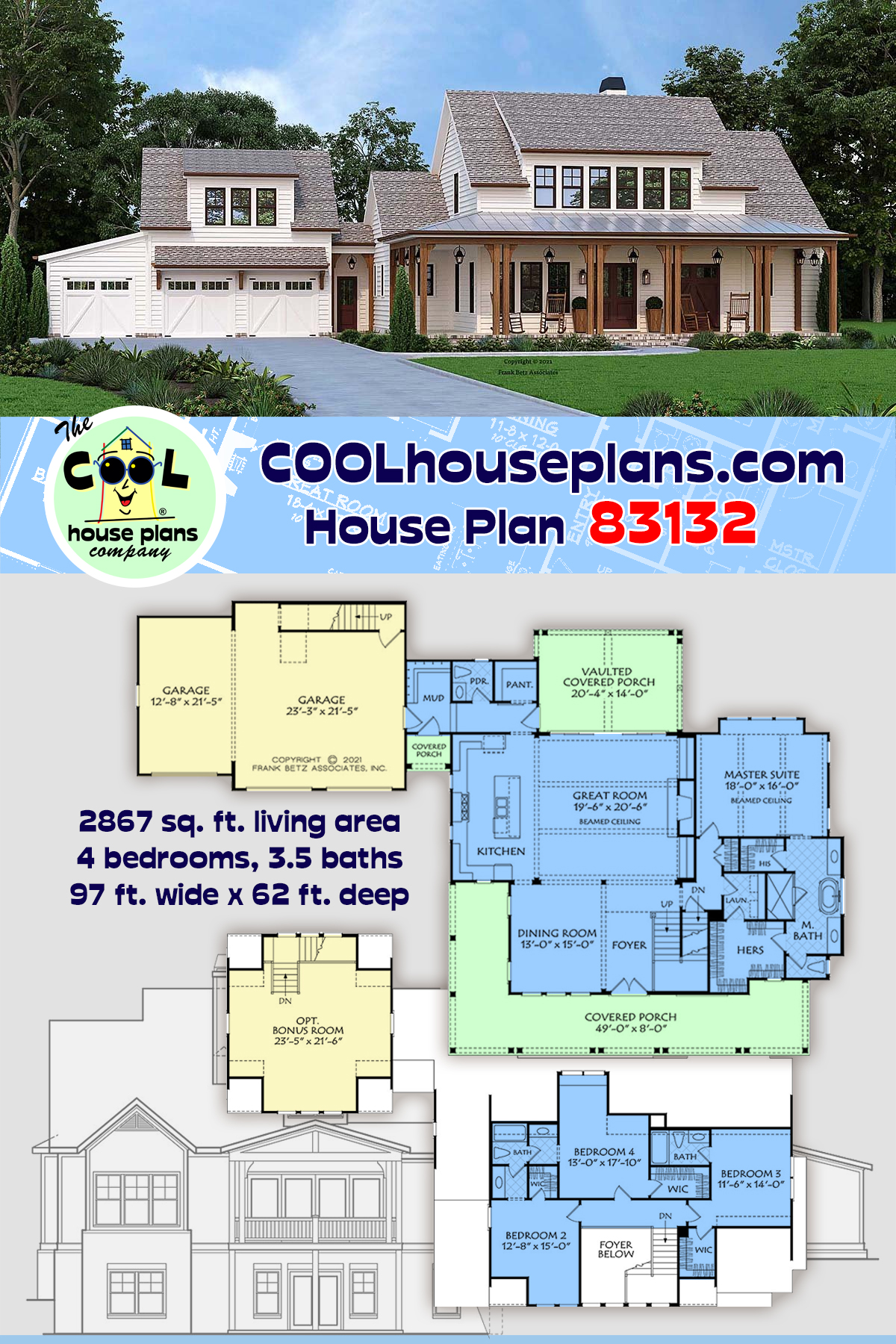 Cottage, Farmhouse, Traditional House Plan 83132 with 4 Beds, 4 Baths, 3 Car Garage