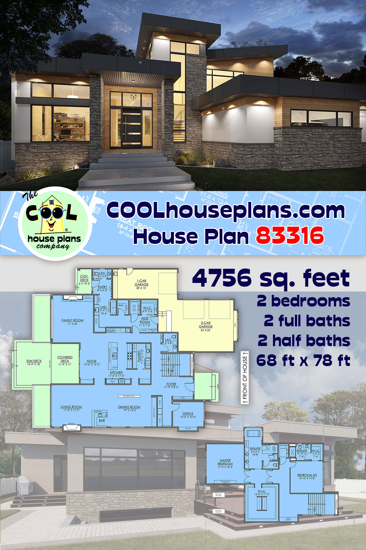 Contemporary, Modern House Plan 83316 with 2 Beds, 4 Baths, 3 Car Garage