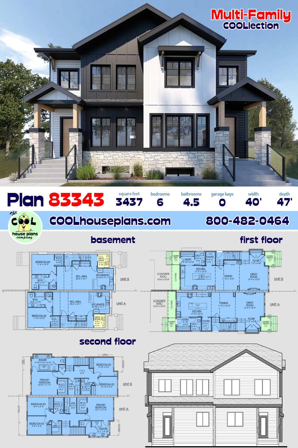 Farmhouse Multi-Family Plan 83343 with 6 Beds, 6 Baths