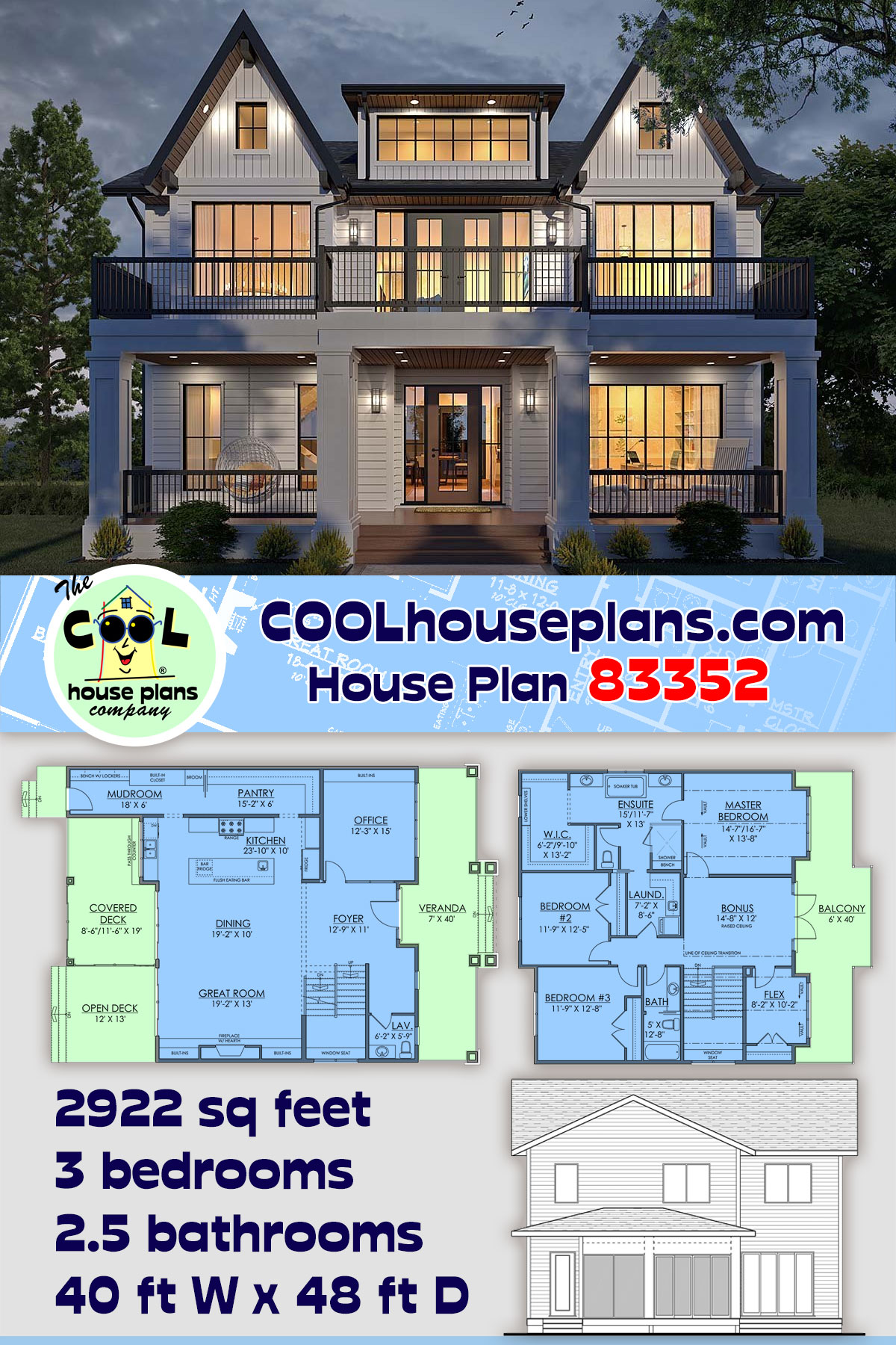 Farmhouse House Plan 83352 with 3 Beds, 3 Baths