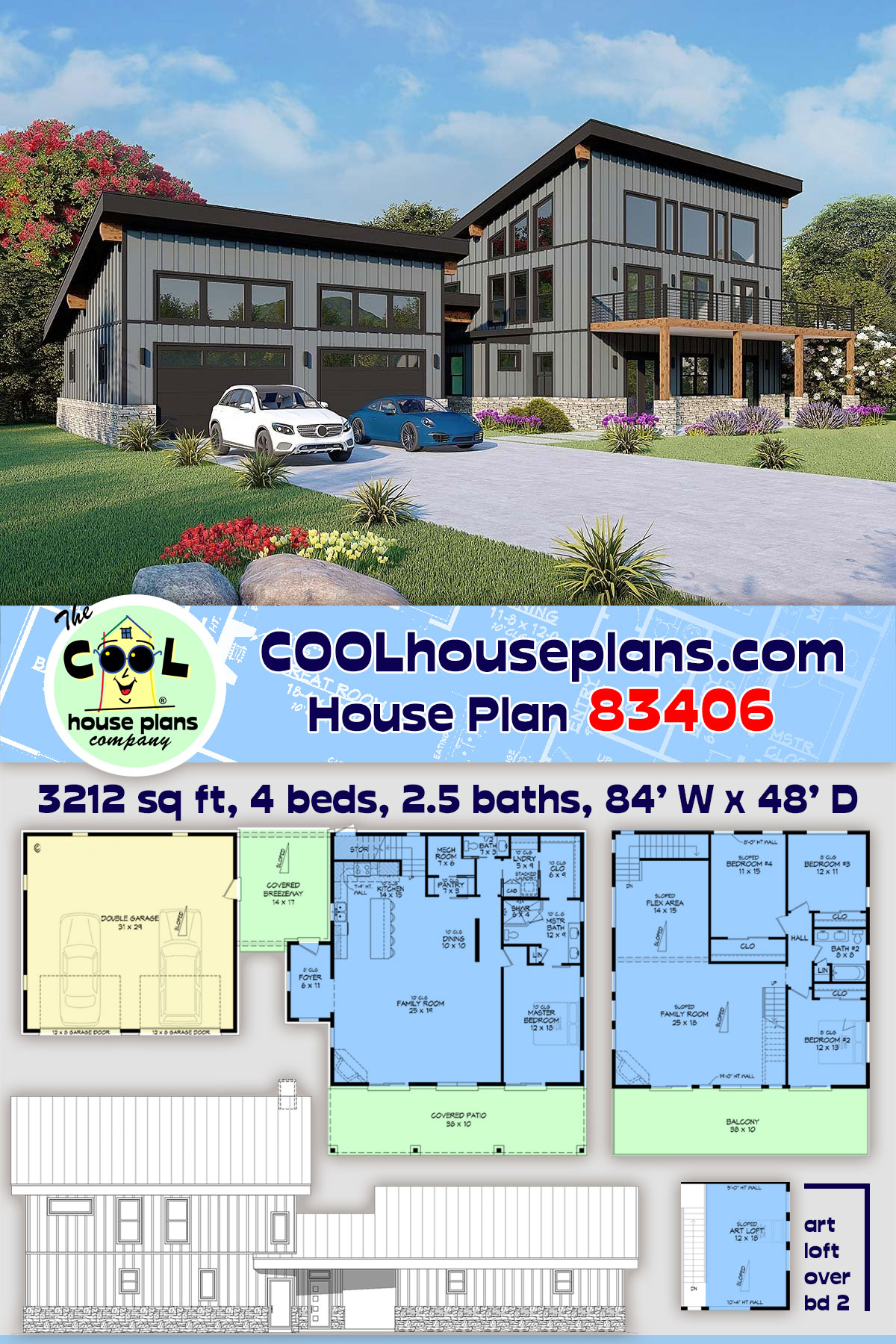 Contemporary, Modern House Plan 83406 with 4 Beds, 3 Baths, 2 Car Garage