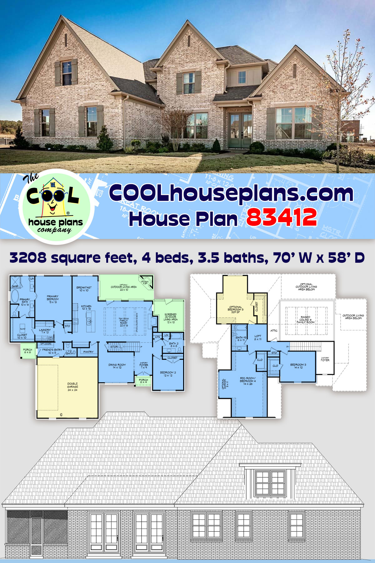 Contemporary, Country, French Country, New American, Traditional House Plan 83412 with 4 Beds, 4 Baths, 2 Car Garage