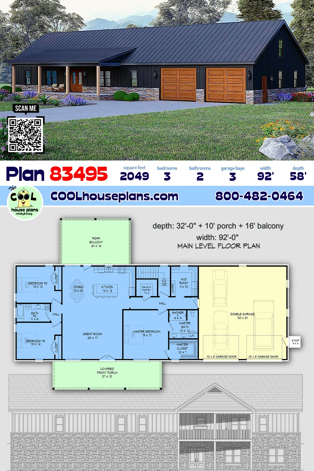 Country, Ranch House Plan 83495 with 3 Beds, 2 Baths, 3 Car Garage