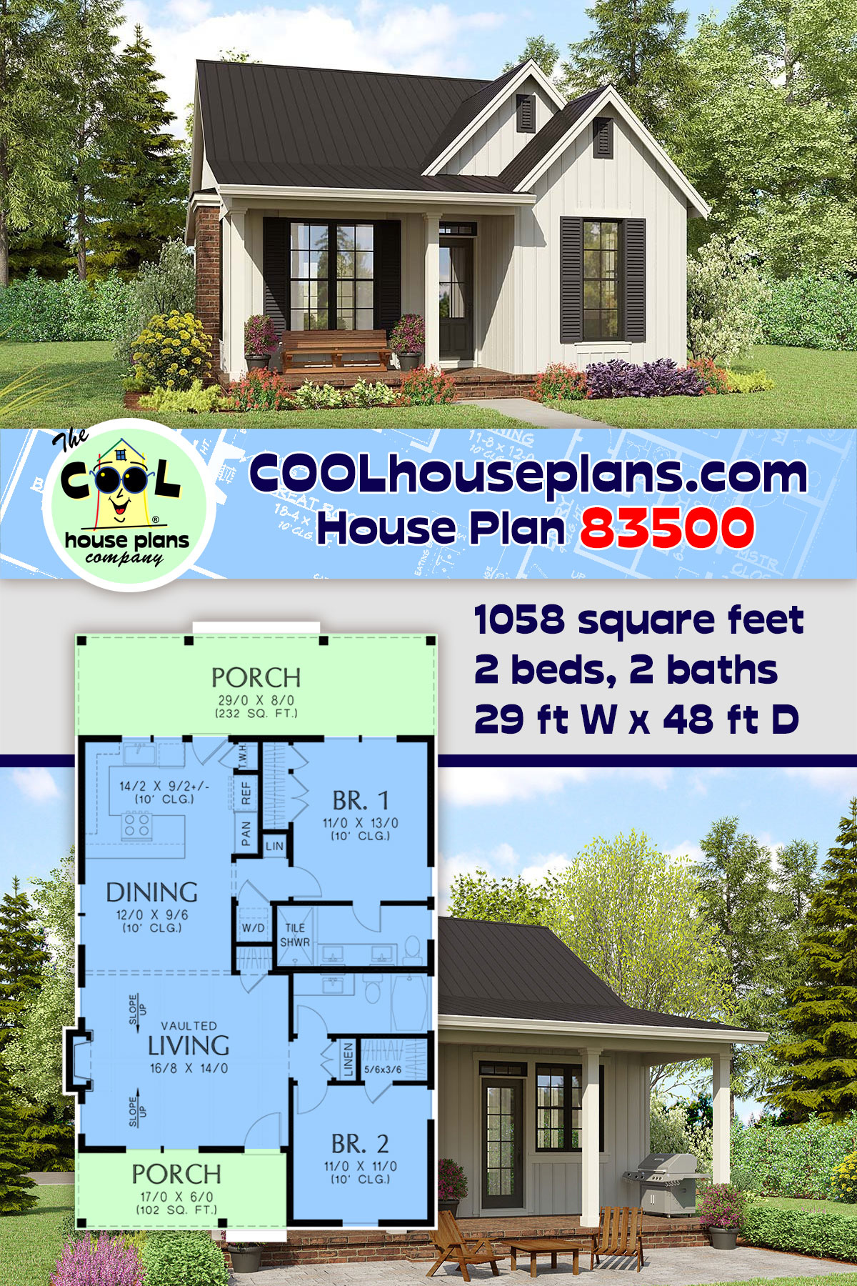 Cottage, Country, Farmhouse House Plan 83500 with 2 Beds, 2 Baths