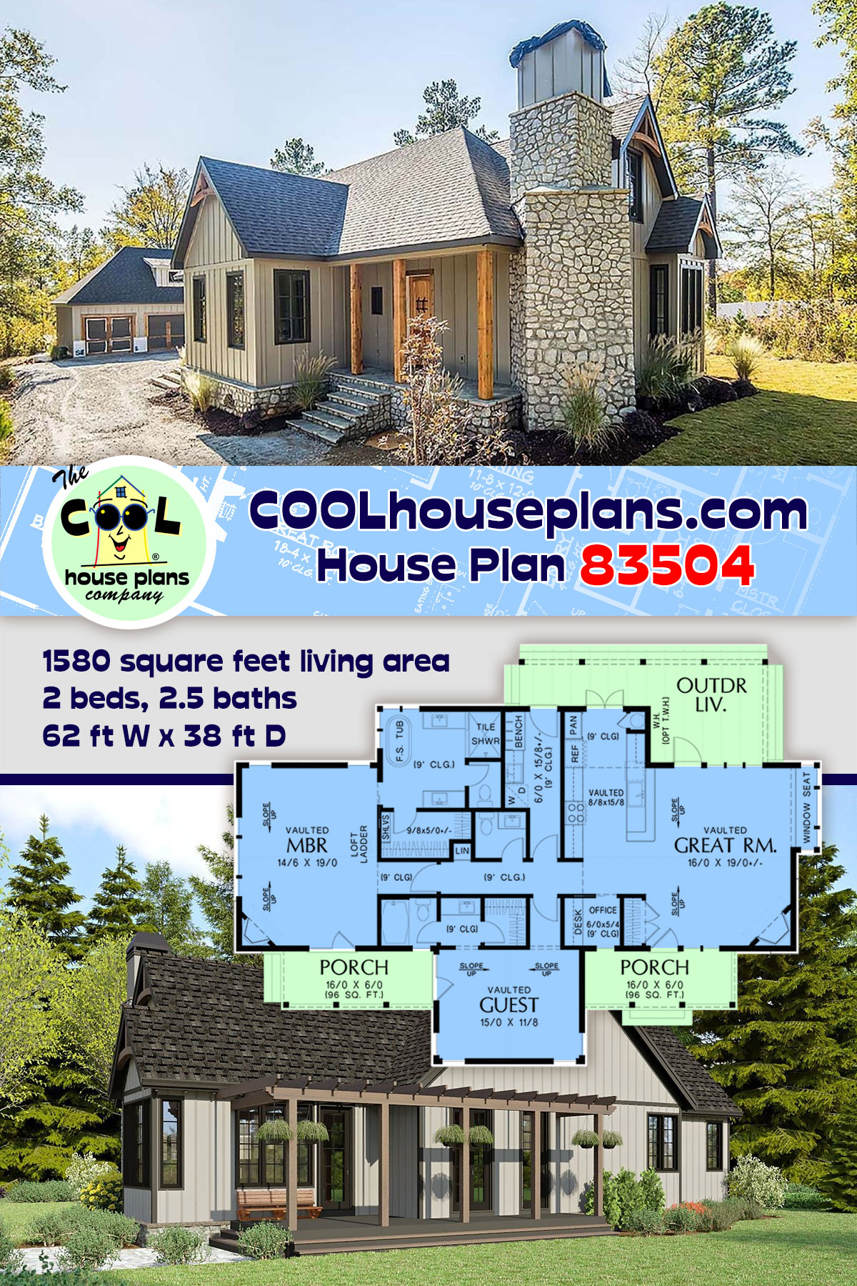 Cabin, Cottage, European House Plan 83504 with 2 Beds, 3 Baths