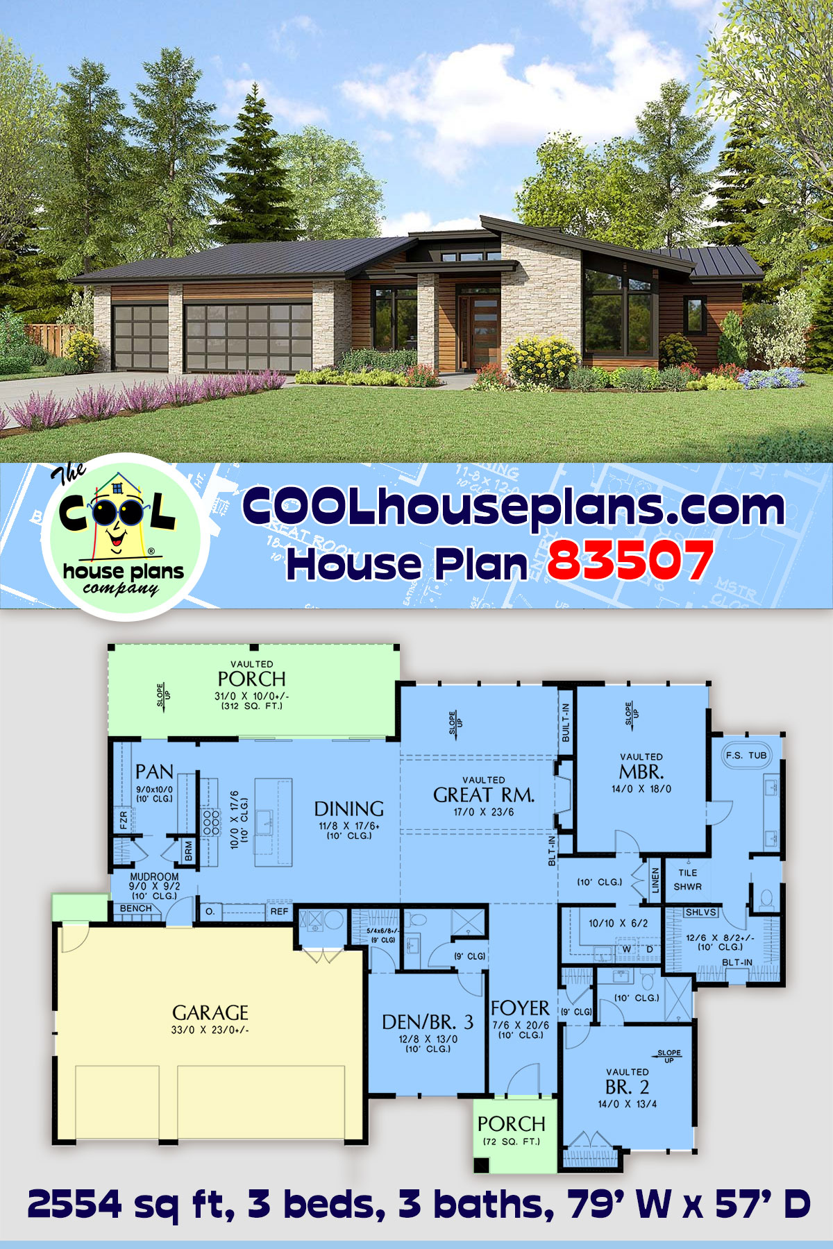 Contemporary, Ranch House Plan 83507 with 3 Beds, 3 Baths, 3 Car Garage