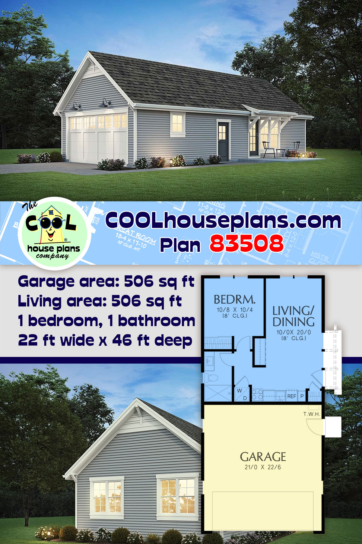 Craftsman, Farmhouse, Ranch Garage-Living Plan 83508 with 1 Beds, 1 Baths, 2 Car Garage