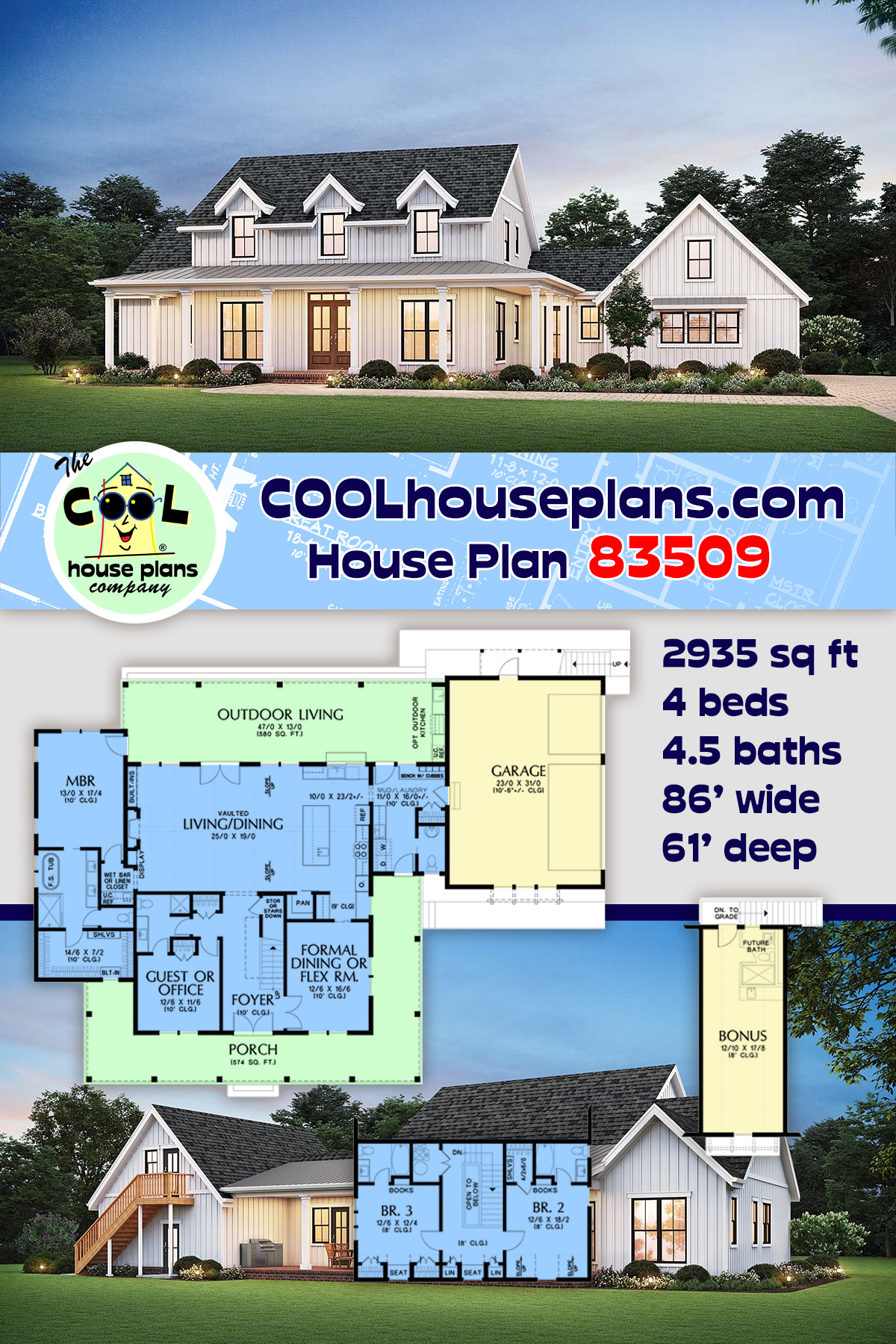 Country, Farmhouse House Plan 83509 with 4 Beds, 5 Baths, 3 Car Garage