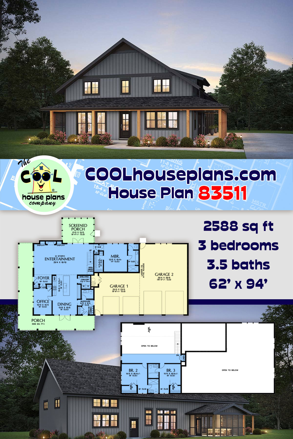 Barndominium, Country, Farmhouse House Plan 83511 with 3 Beds, 4 Baths, 6 Car Garage