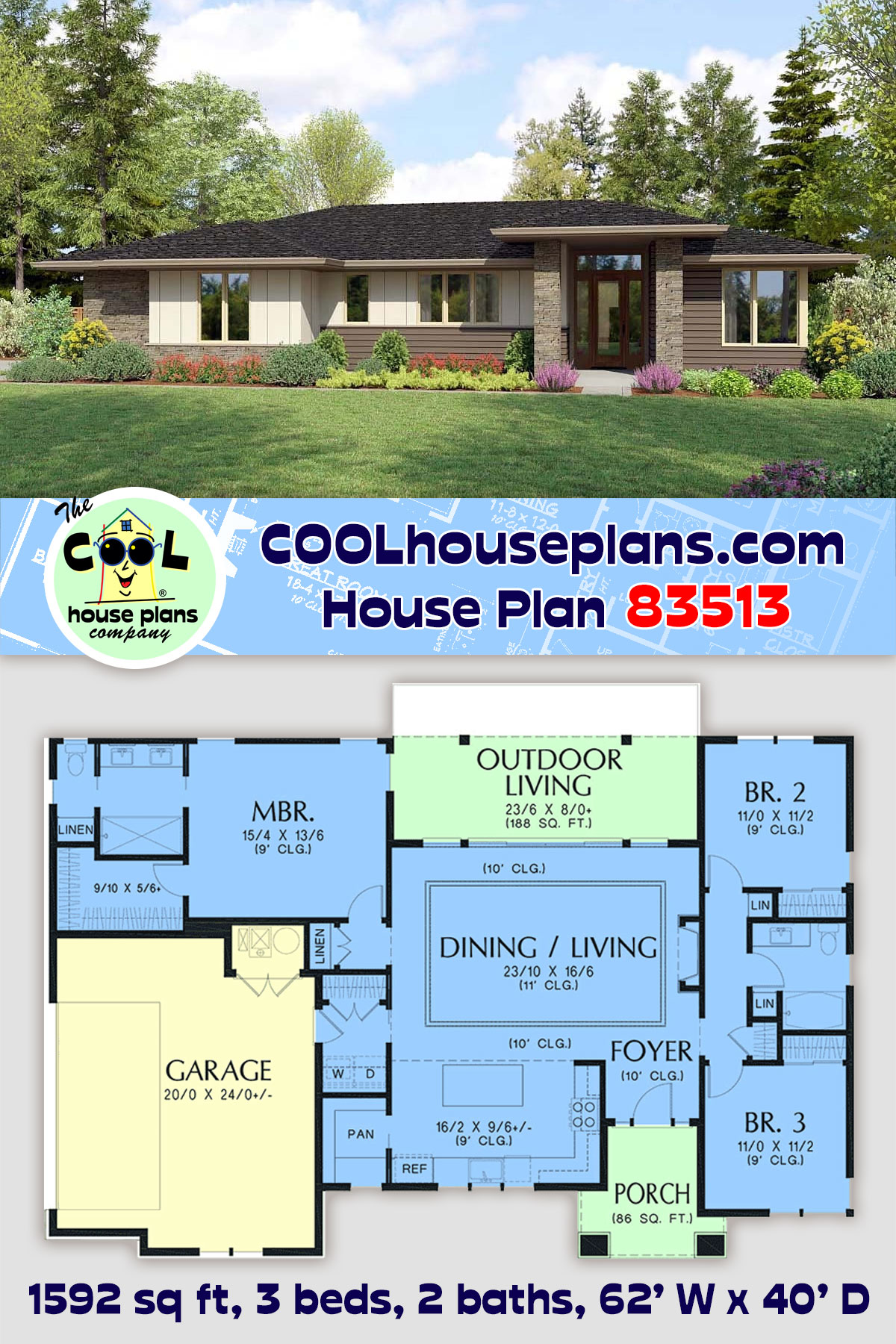 Contemporary, Modern, Prairie, Ranch House Plan 83513 with 3 Beds, 2 Baths, 2 Car Garage