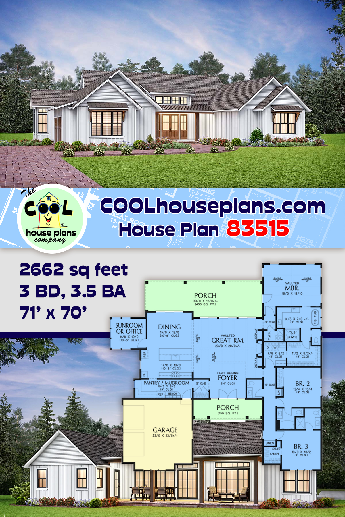 Country, Farmhouse, Ranch House Plan 83515 with 3 Beds, 4 Baths, 2 Car Garage