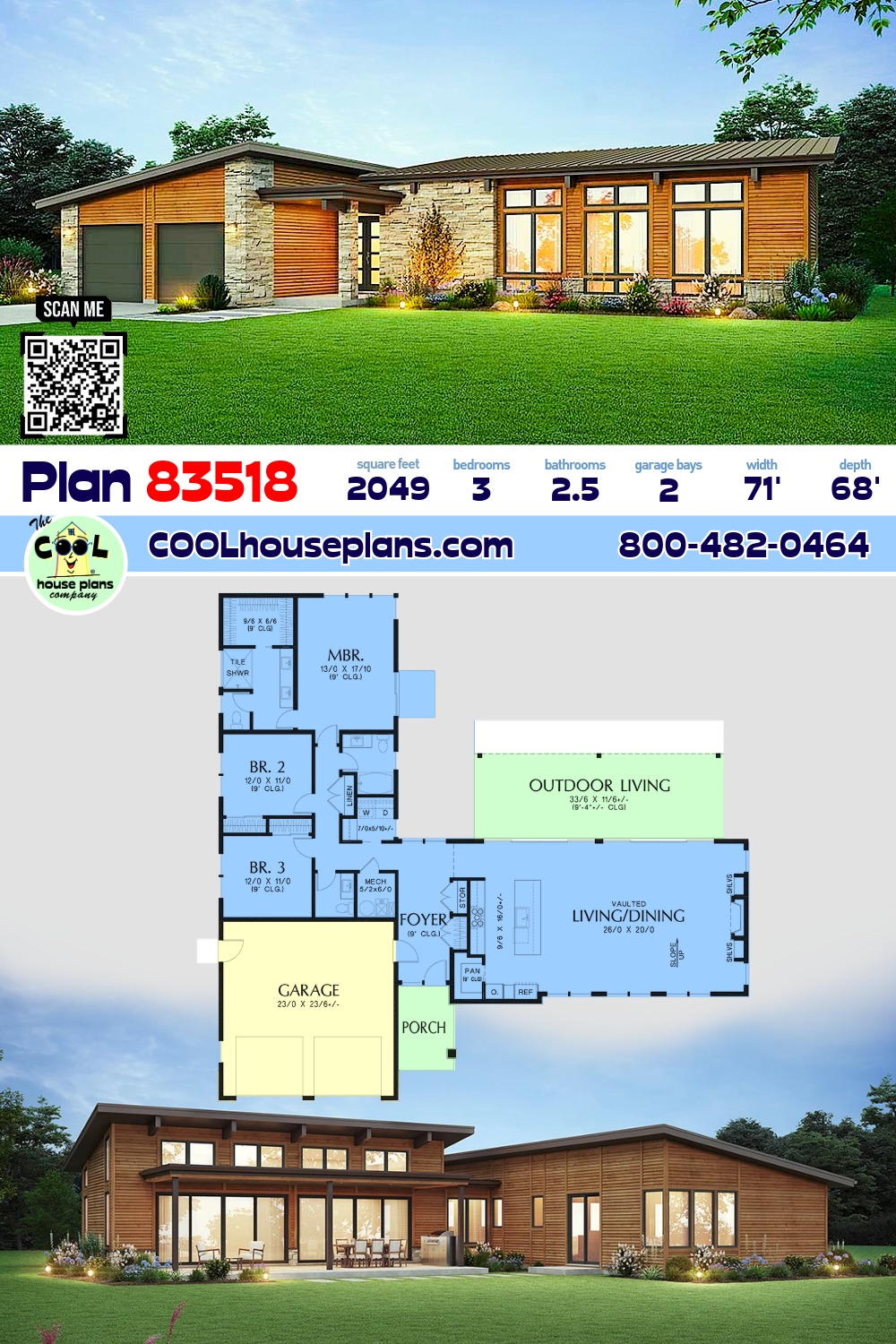 Contemporary, Modern House Plan 83518 with 3 Beds, 3 Baths, 2 Car Garage
