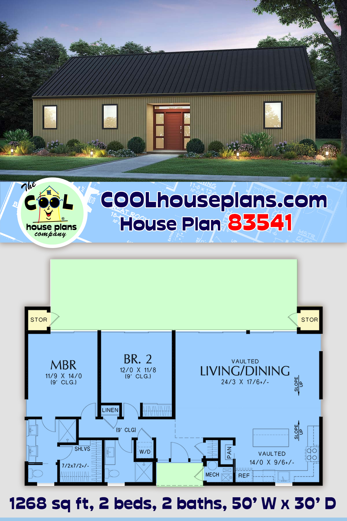 Contemporary, One-Story, Ranch House Plan 83541 with 2 Beds, 2 Baths