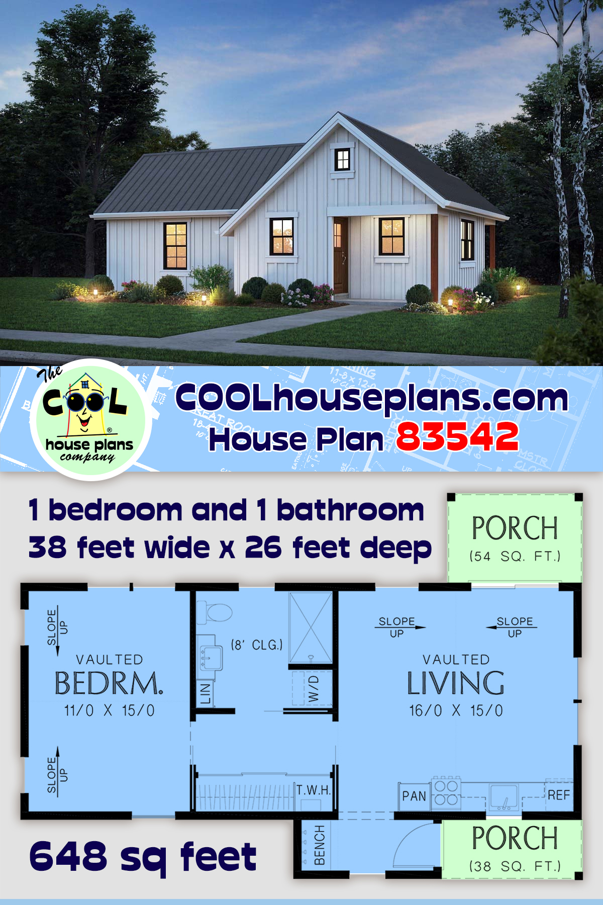 Cottage, Farmhouse, Ranch House Plan 83542 with 1 Beds, 1 Baths