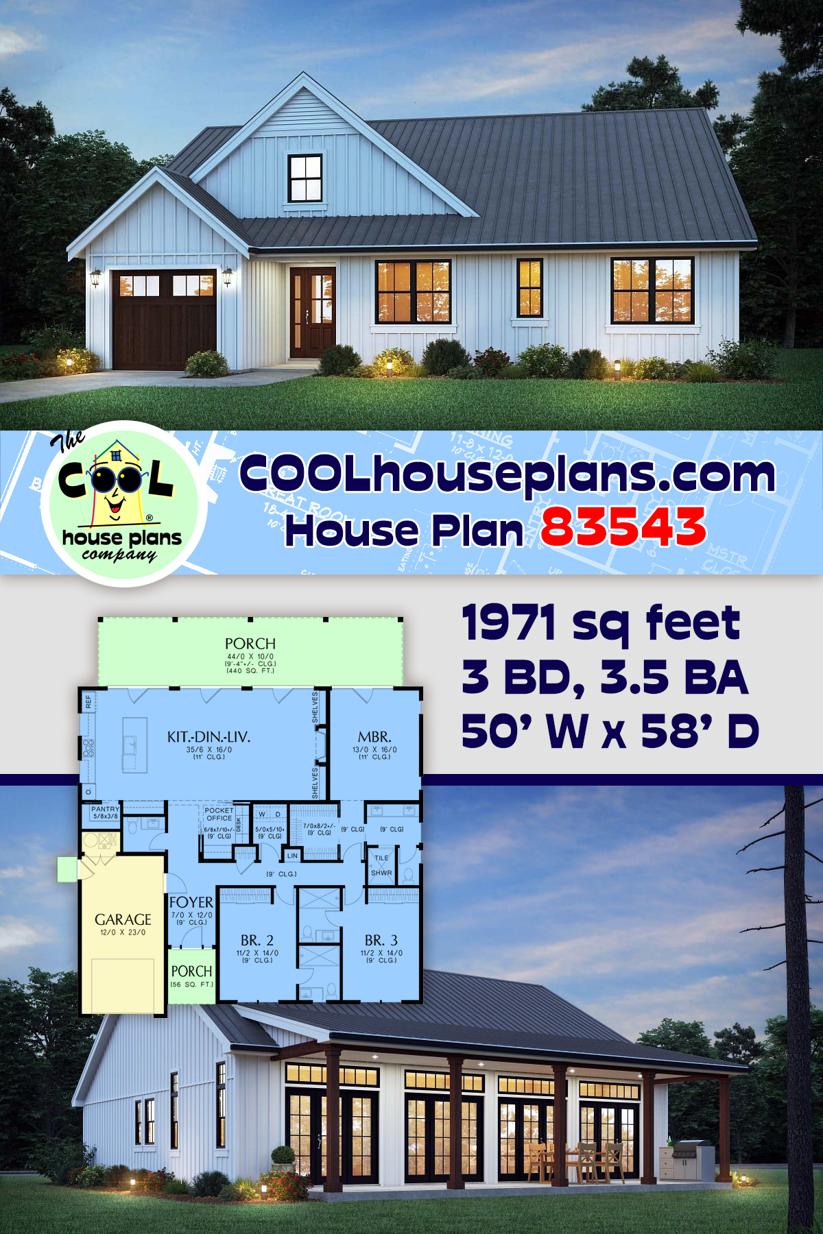 Farmhouse, Ranch House Plan 83543 with 3 Beds, 4 Baths, 1 Car Garage