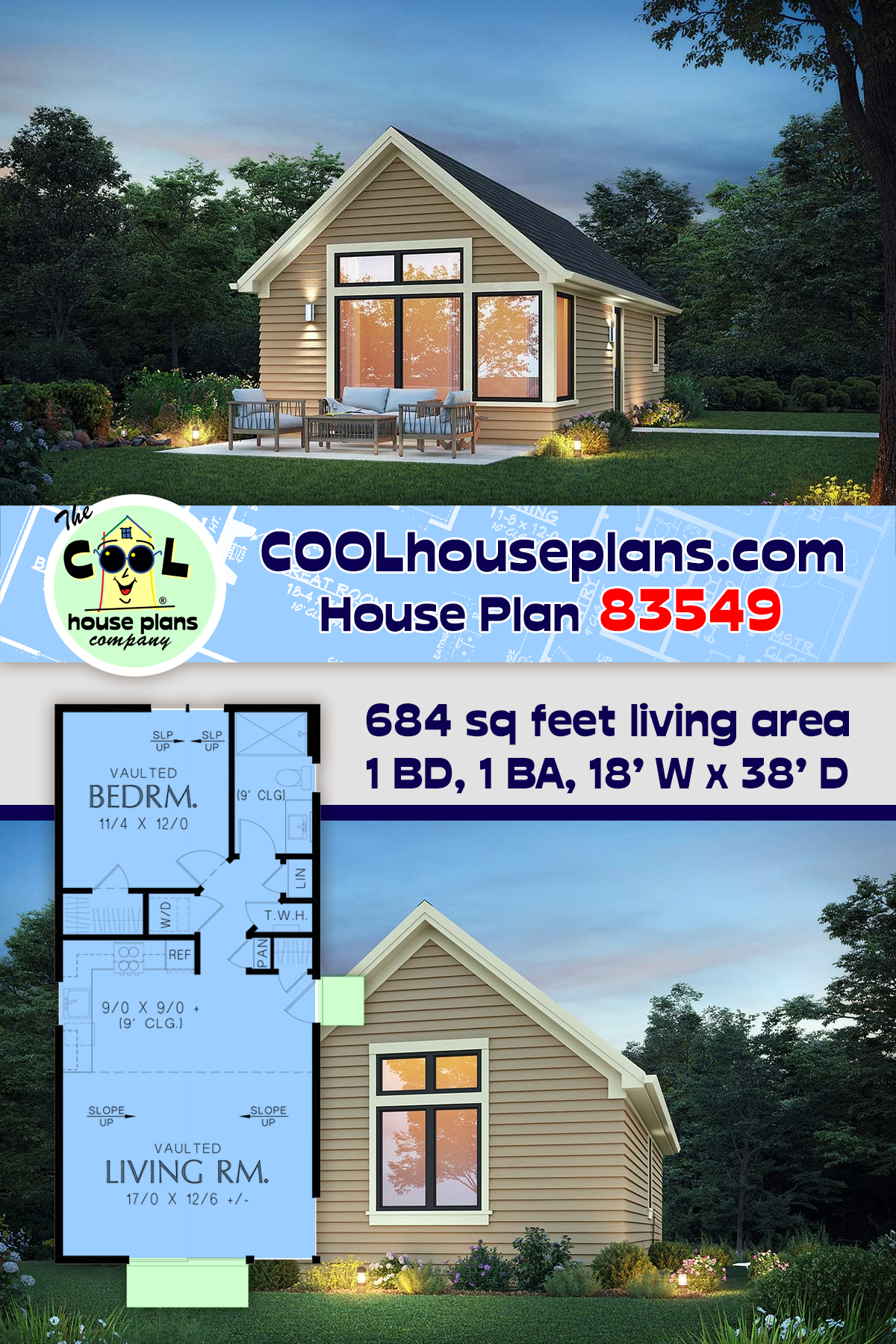 Cottage, Ranch House Plan 83549 with 1 Beds, 1 Baths