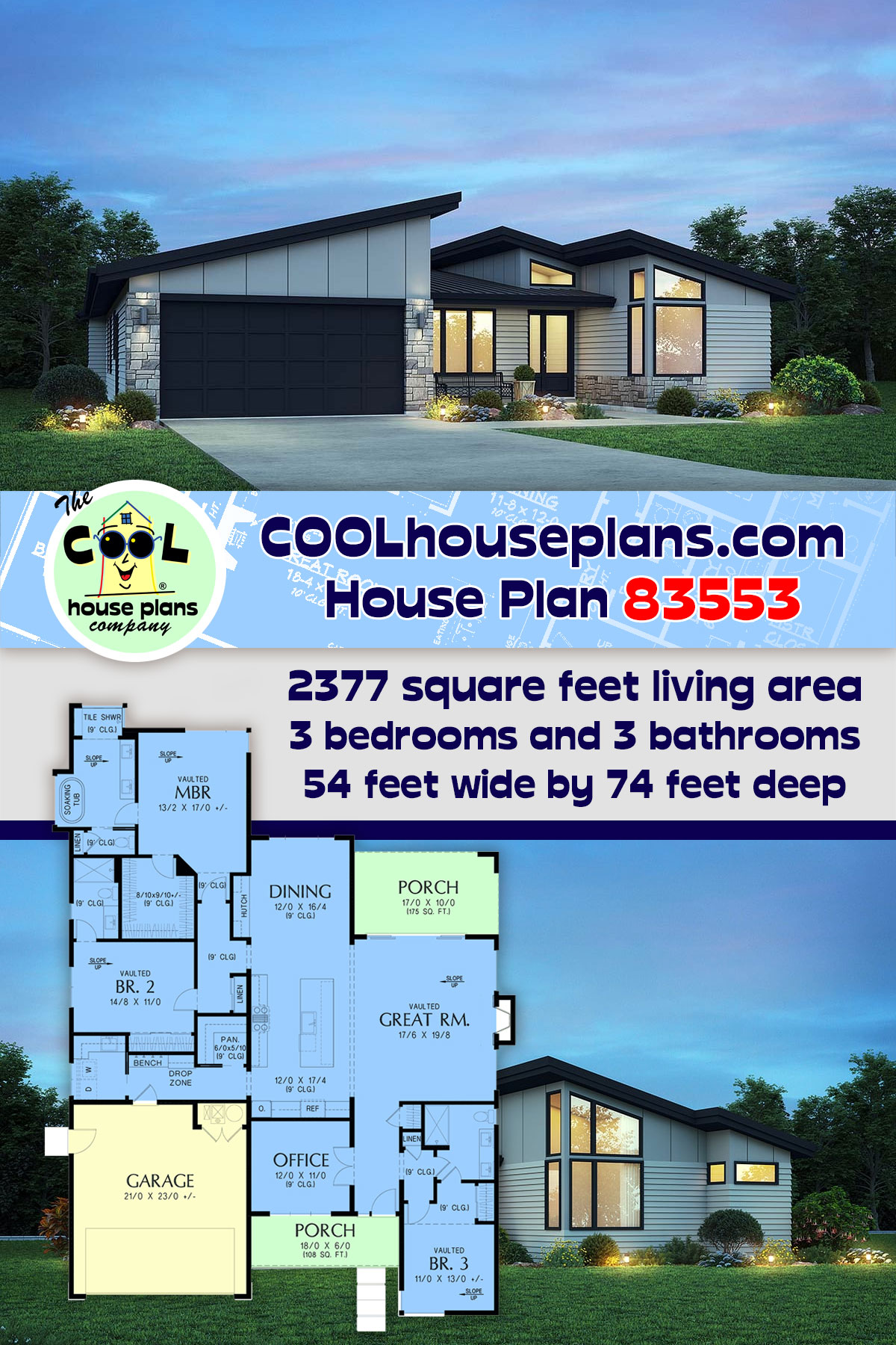 Contemporary, Modern, Ranch House Plan 83553 with 3 Beds, 3 Baths, 2 Car Garage
