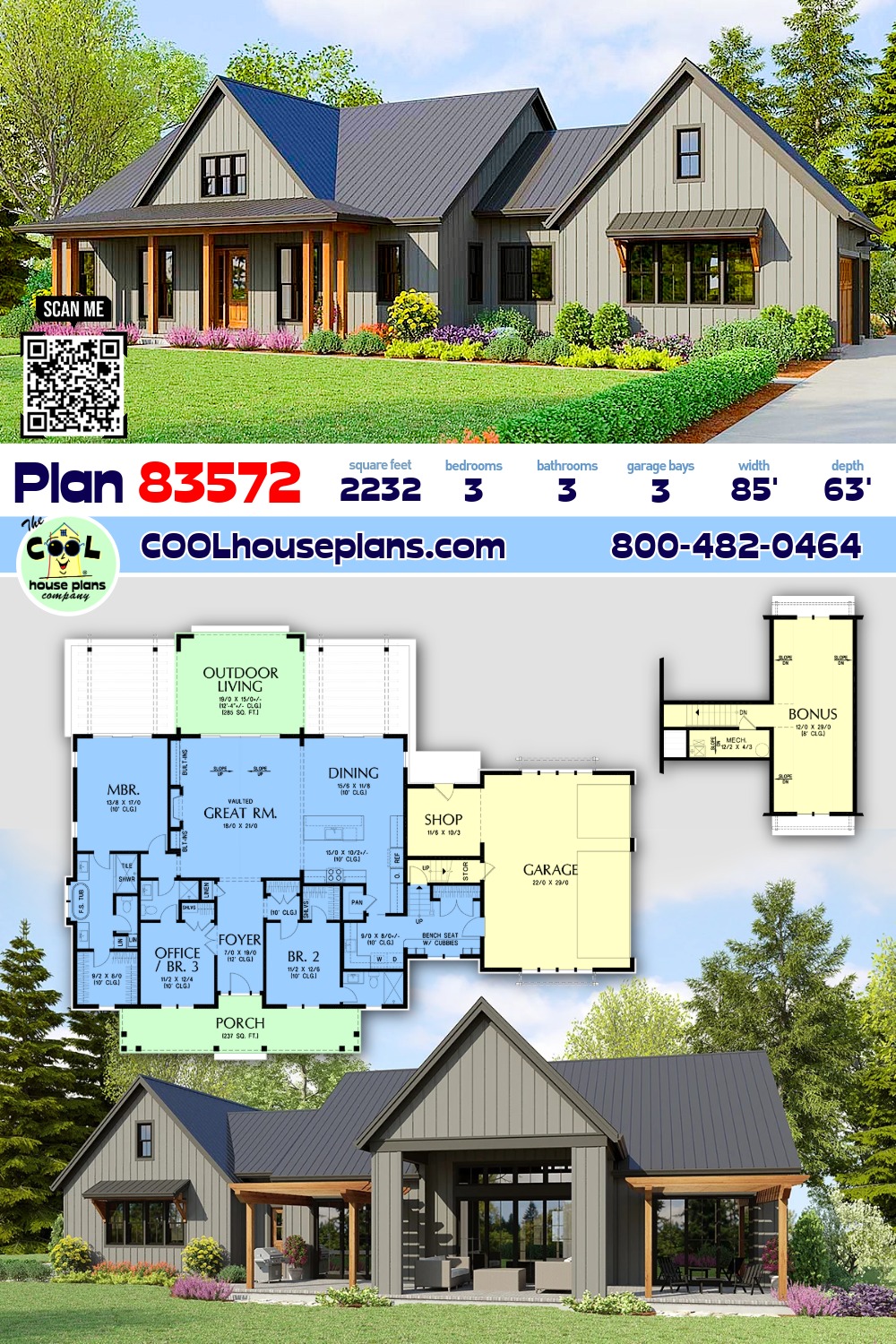 Contemporary, Country, Farmhouse, Ranch House Plan 83572 with 3 Beds, 3 Baths, 3 Car Garage
