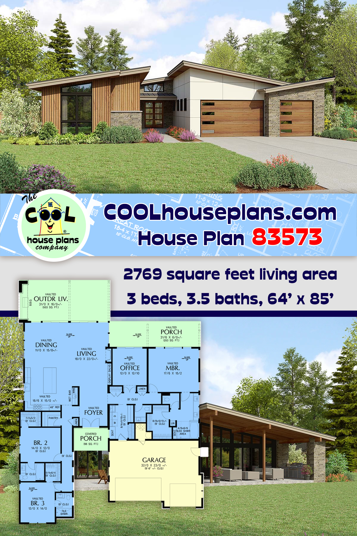 Contemporary, Ranch House Plan 83573 with 3 Beds, 4 Baths, 3 Car Garage