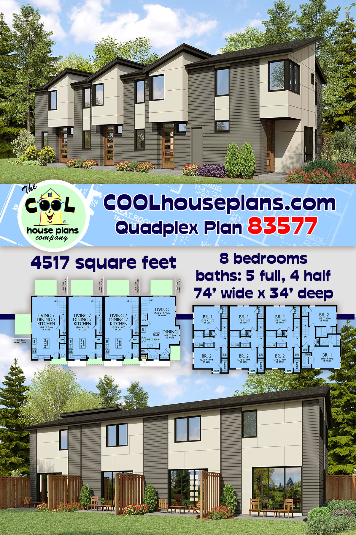 Contemporary, Modern Multi-Family Plan 83577 with 8 Beds, 9 Baths